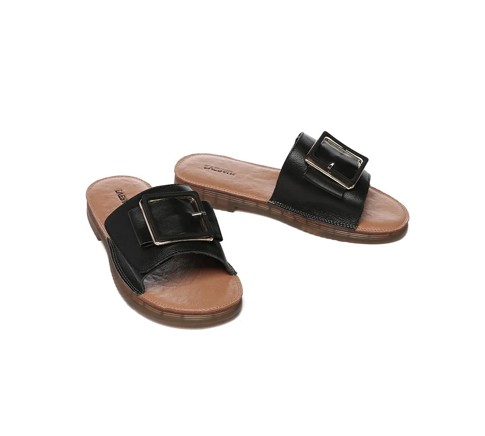 EVERAU® Women Leather Buckle Adjustable Ultra Soft Flat Slides Bera