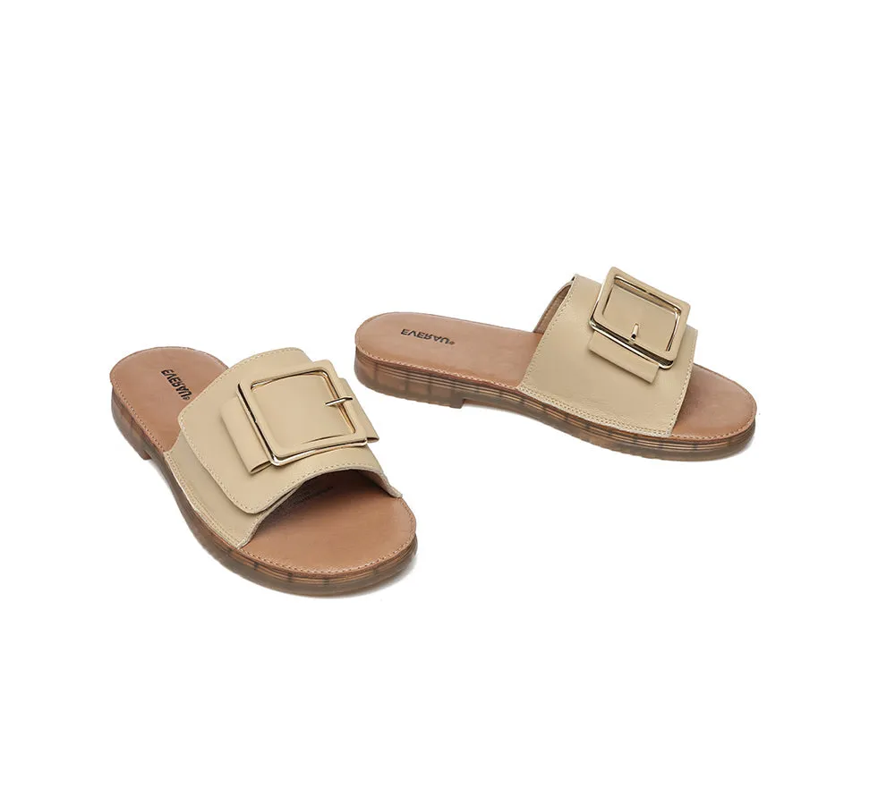 EVERAU® Women Leather Buckle Adjustable Ultra Soft Flat Slides Bera