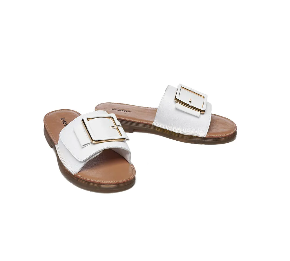 EVERAU® Women Leather Buckle Adjustable Ultra Soft Flat Slides Bera