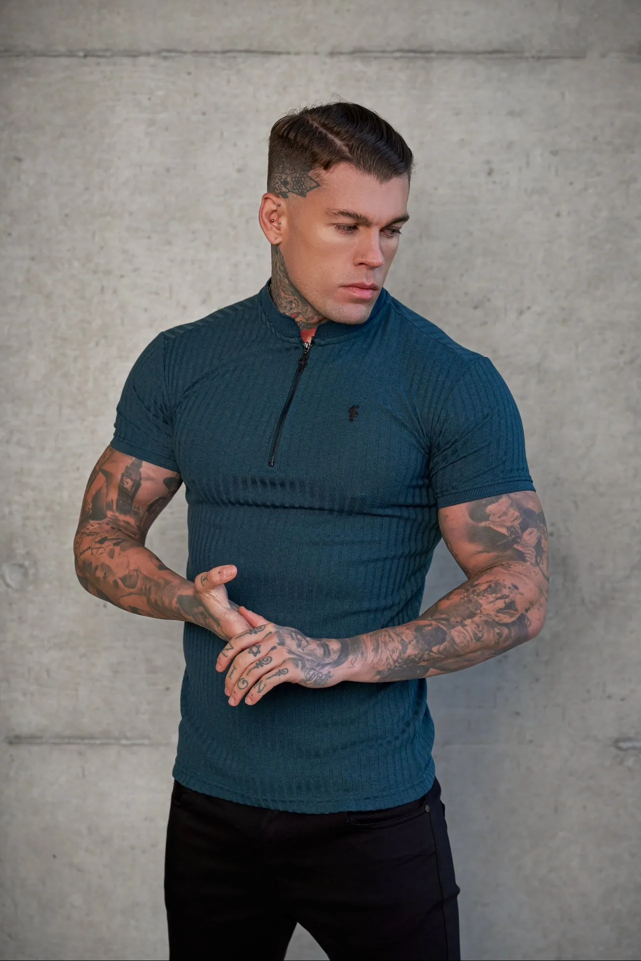 Father Sons Classic Forest Green / Black Ribbed Black Zip Grandad Collar Shirt Short Sleeve - FSH917