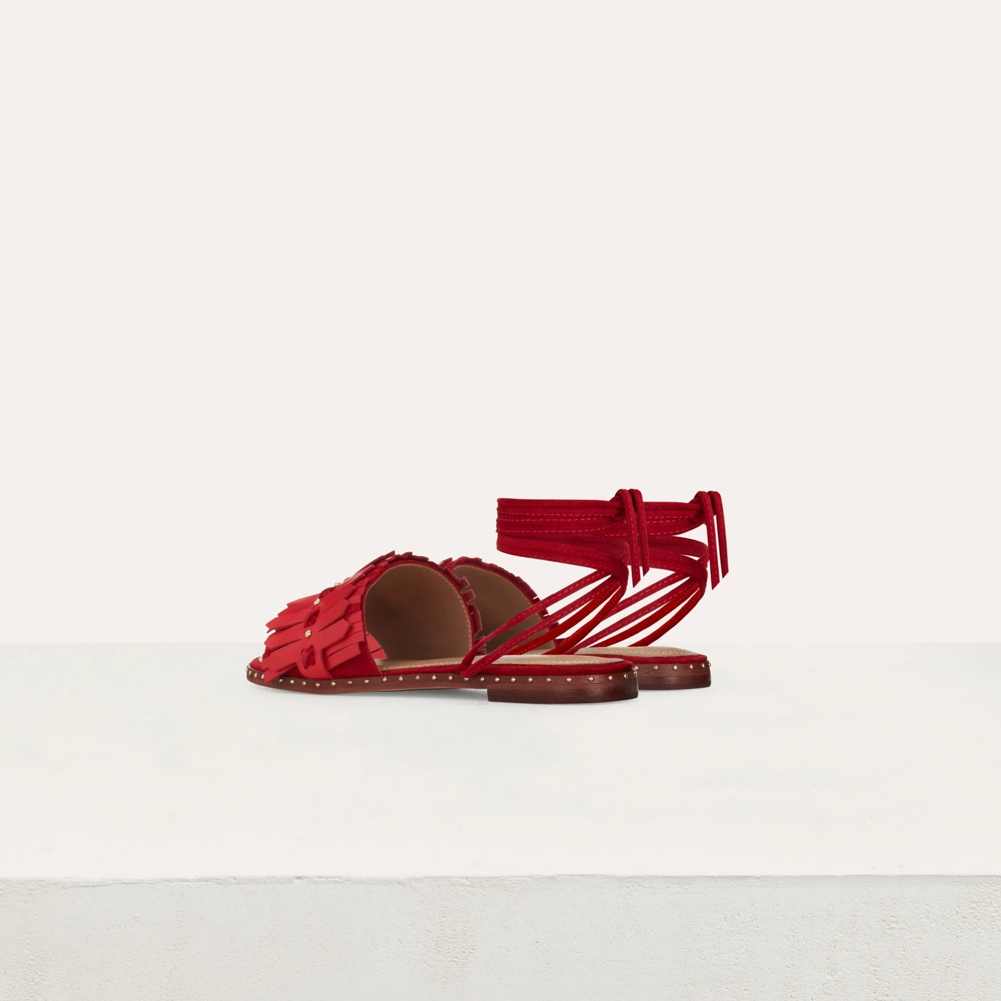 Flat Sandals With Studs - Red