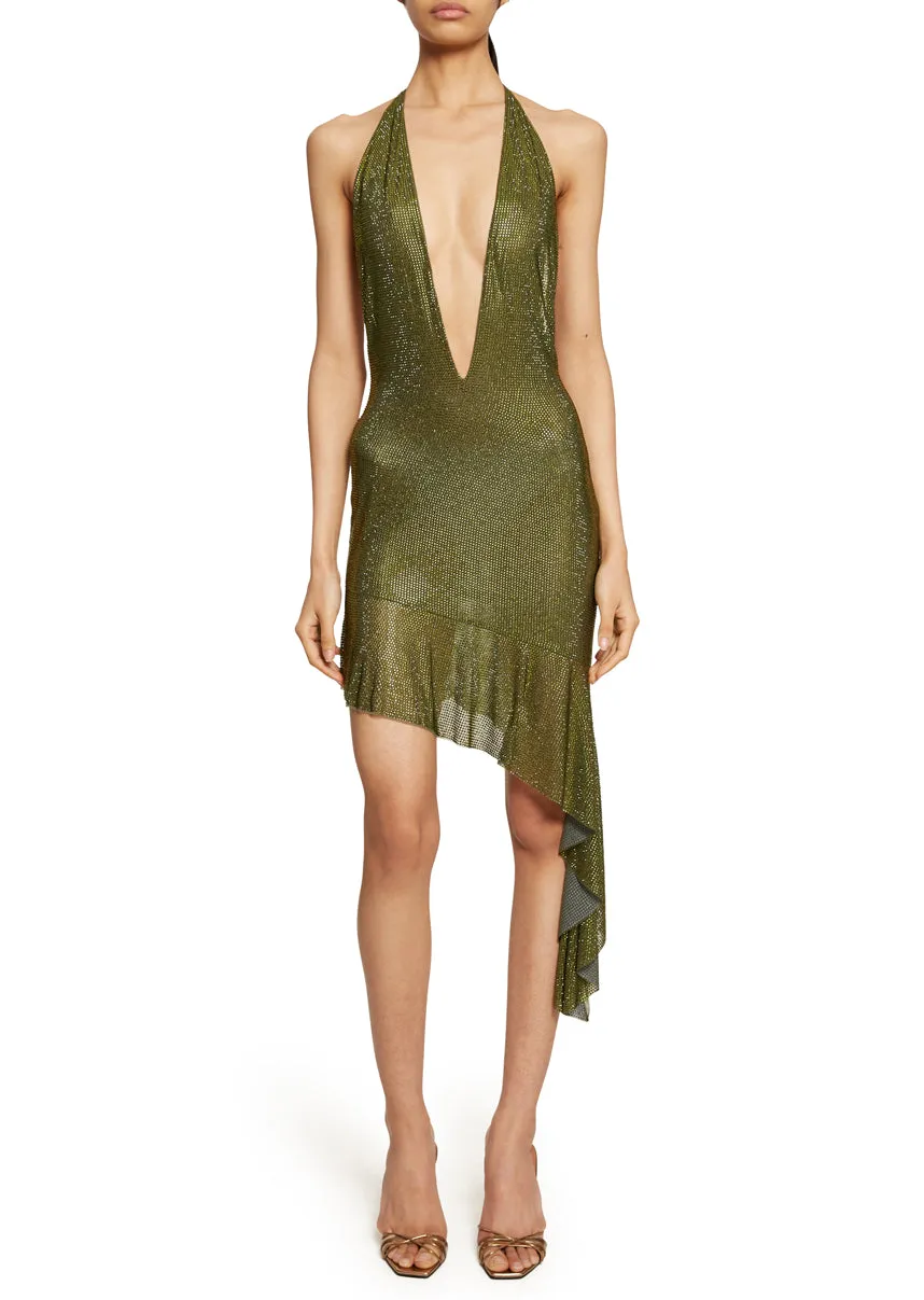 Green Crystal Asymmetric Mini Dress