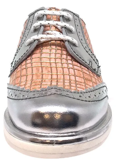 Hoo Shoes Girl's Chloe's Wing Tip Rose Gold Metallic Checkered Pattern Bright Lace Up Oxford Platform Shoes