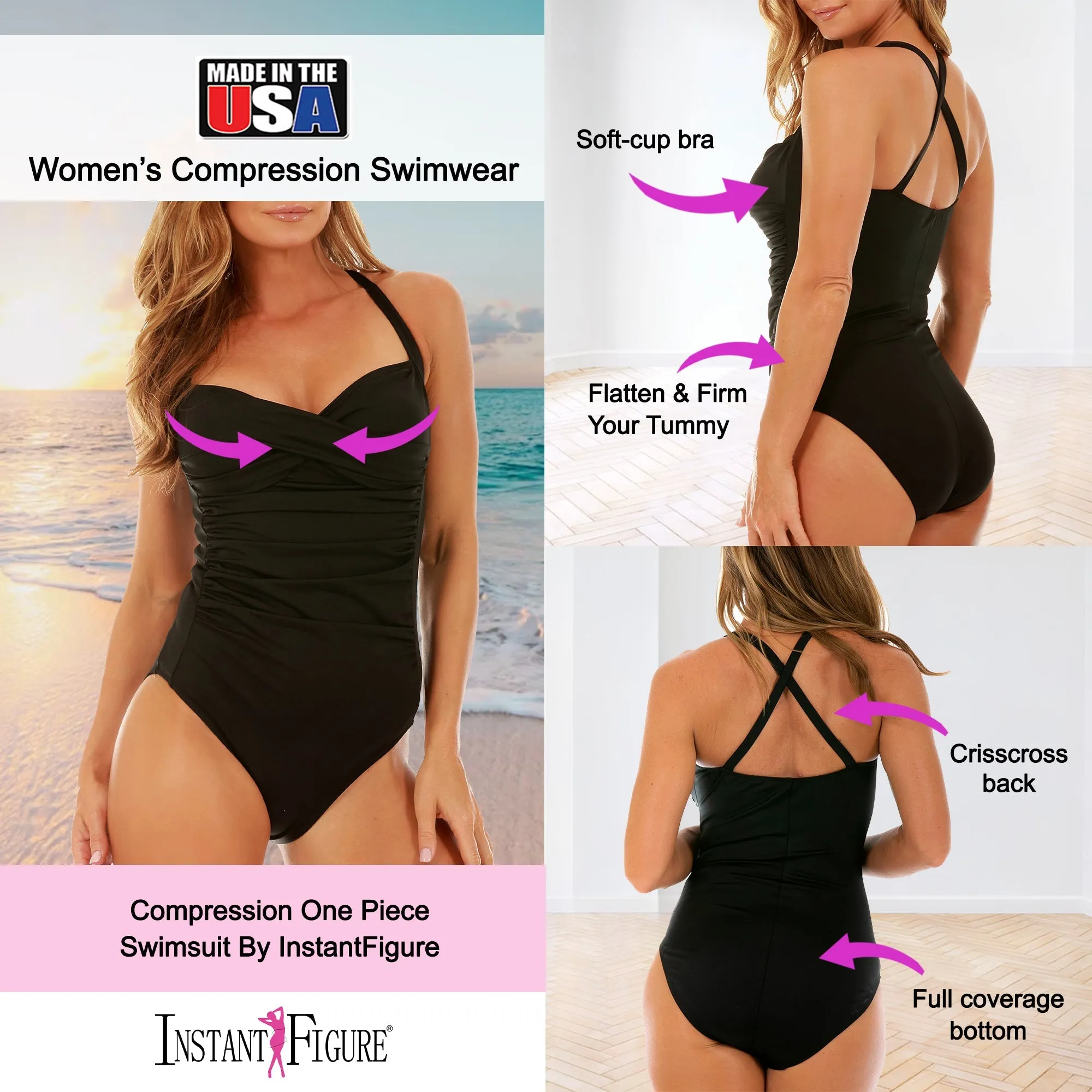 InstantFigure Plus Size One Piece Shirred Twist Front  Swimsuit 13594PC