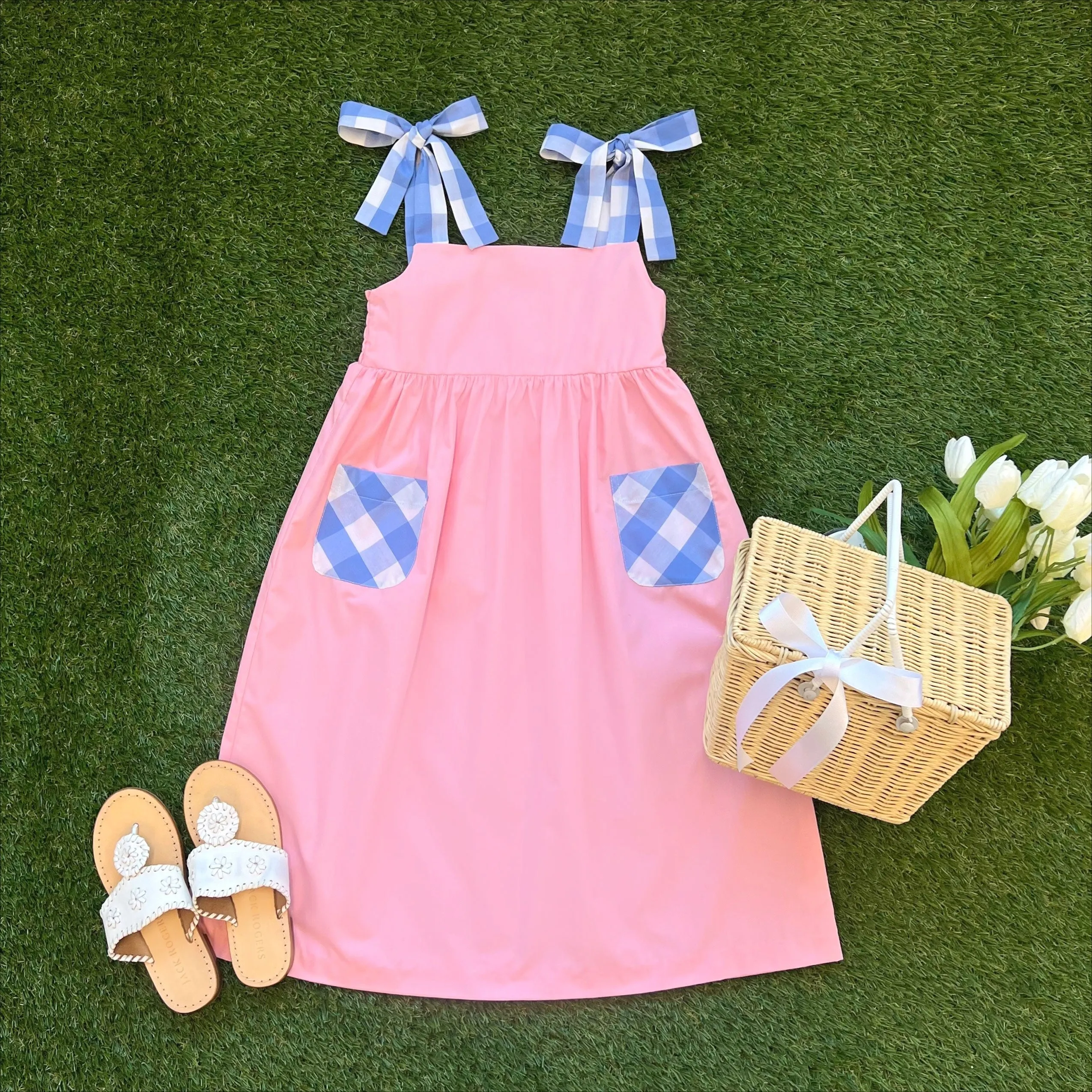 Macie Midi Dress - Sandpearl Pink with Park City Periwinkle Check