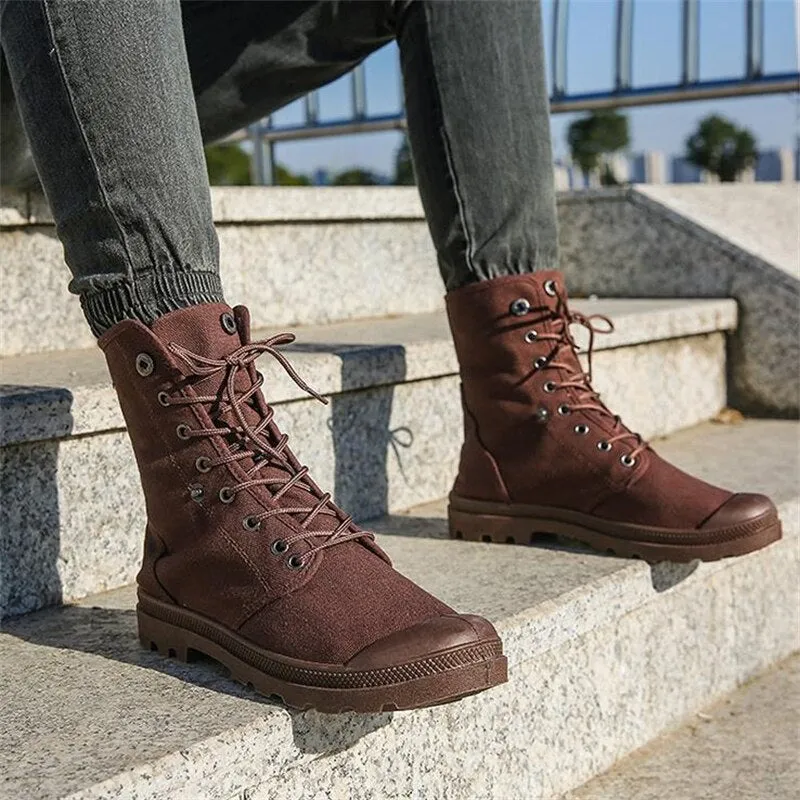 Men Army Boots Platform Ankle Boots Lace Up Male Military Desert Boots High Top Men Canvas Shoes Cowboy Motorcycle Boots