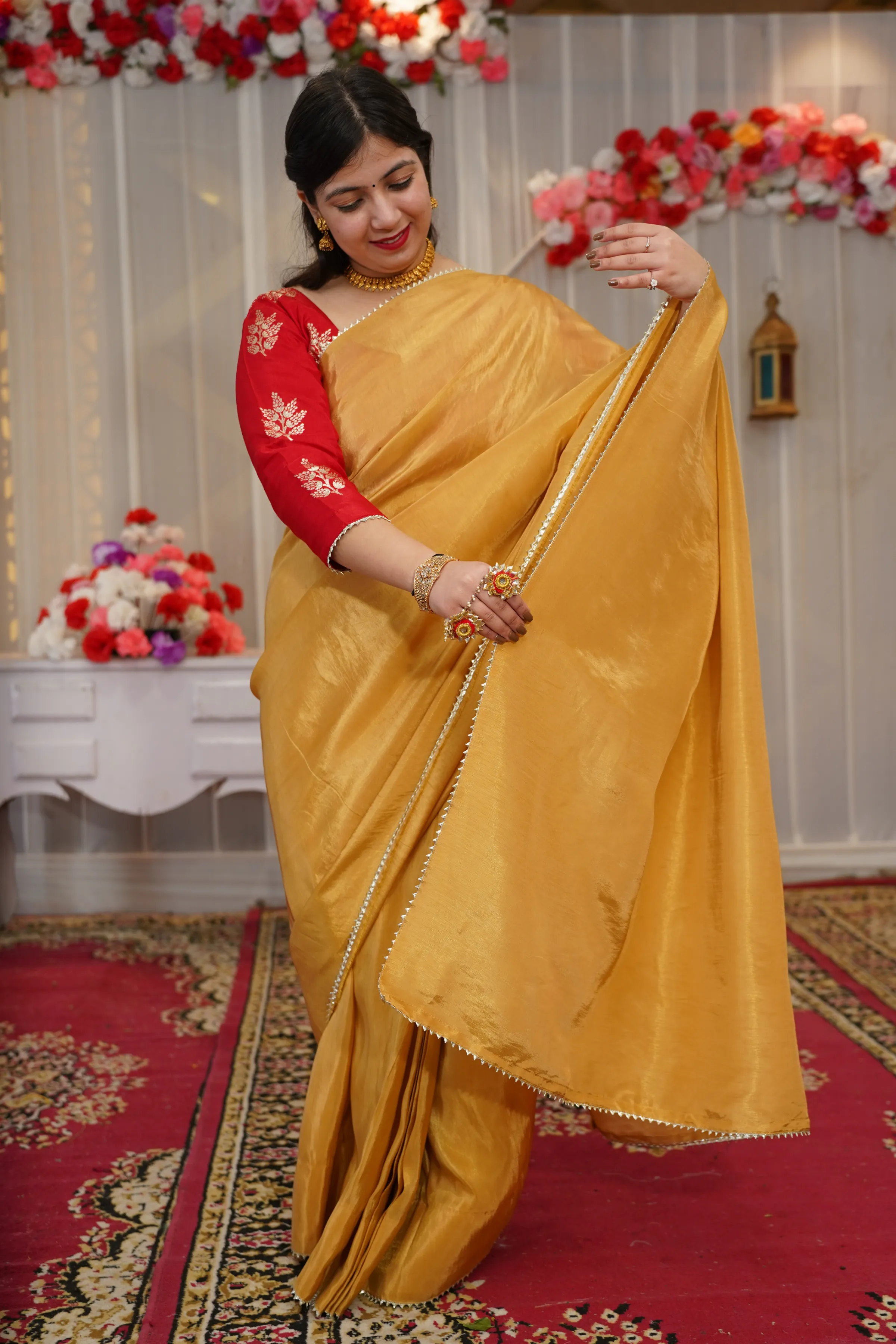 Molten Gold Pre-Draped Silk Saree with Blouse