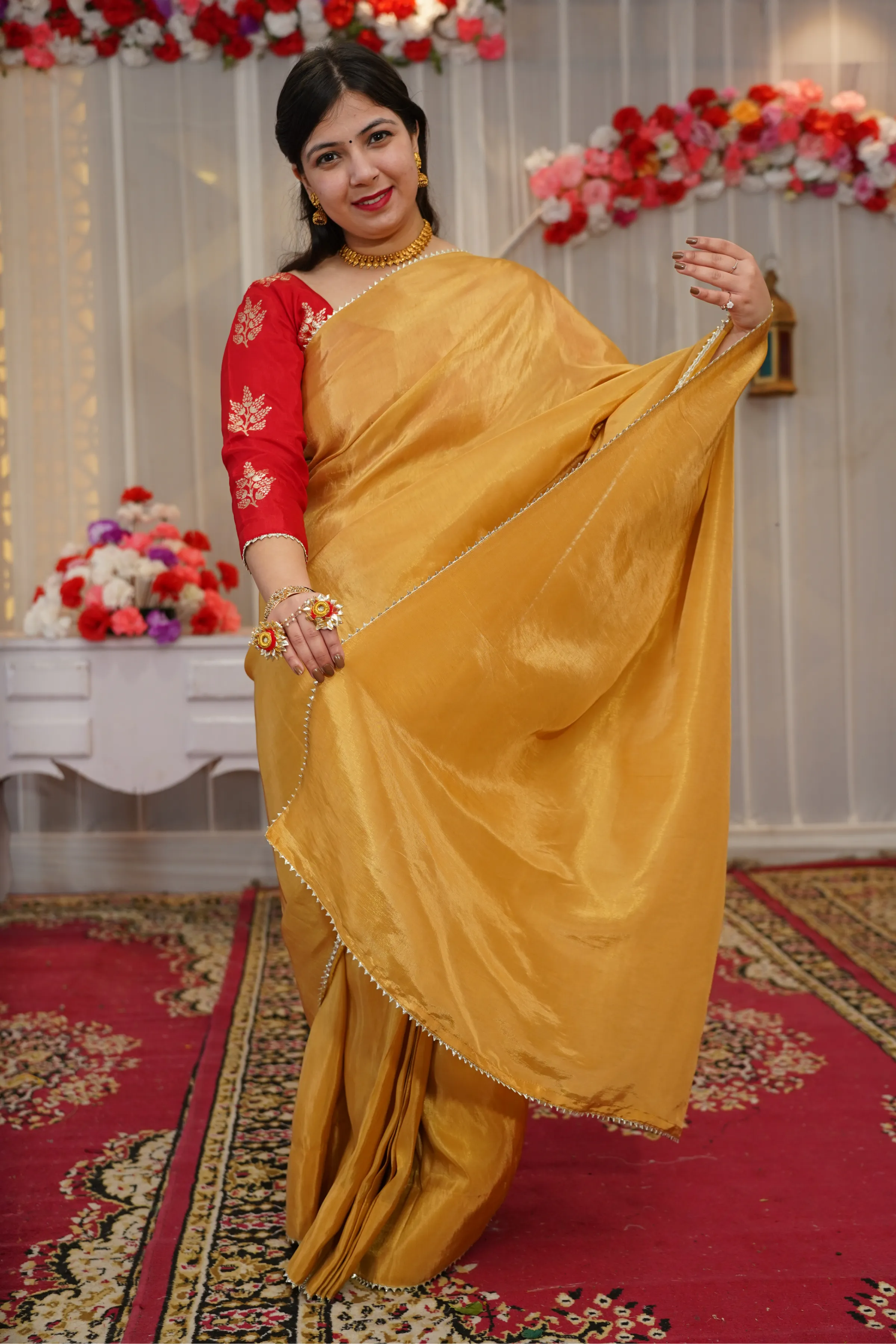 Molten Gold Pre-Draped Silk Saree with Blouse