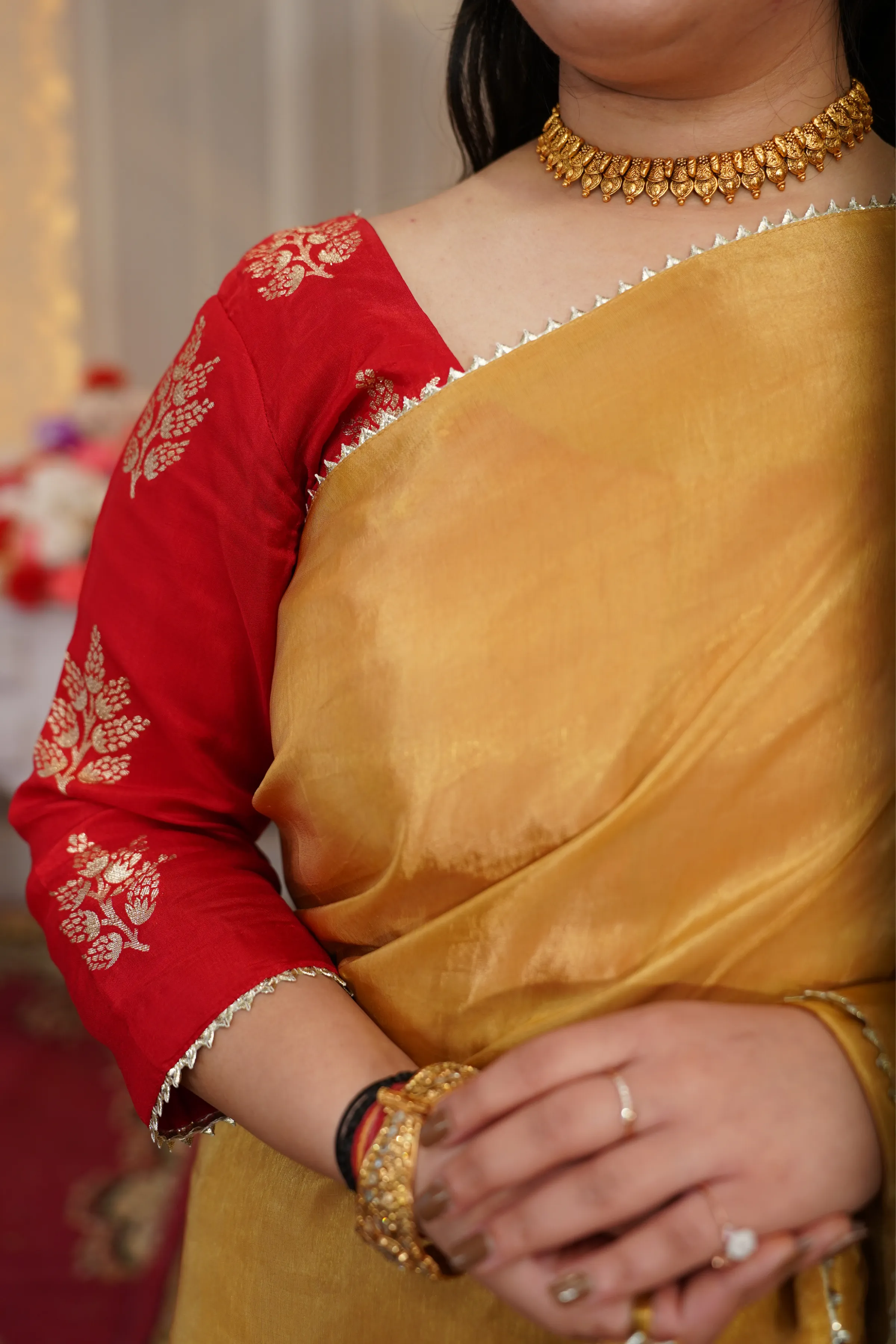 Molten Gold Pre-Draped Silk Saree with Blouse