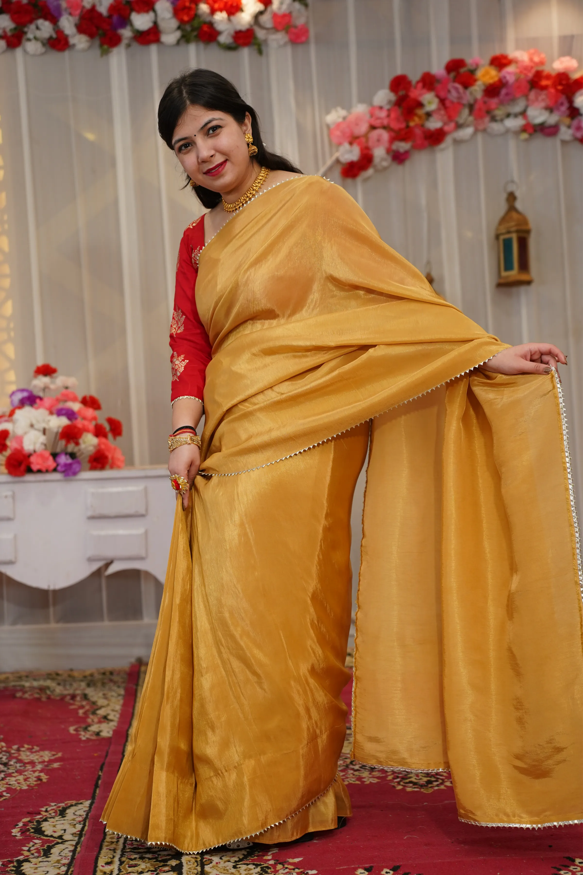 Molten Gold Pre-Draped Silk Saree with Blouse