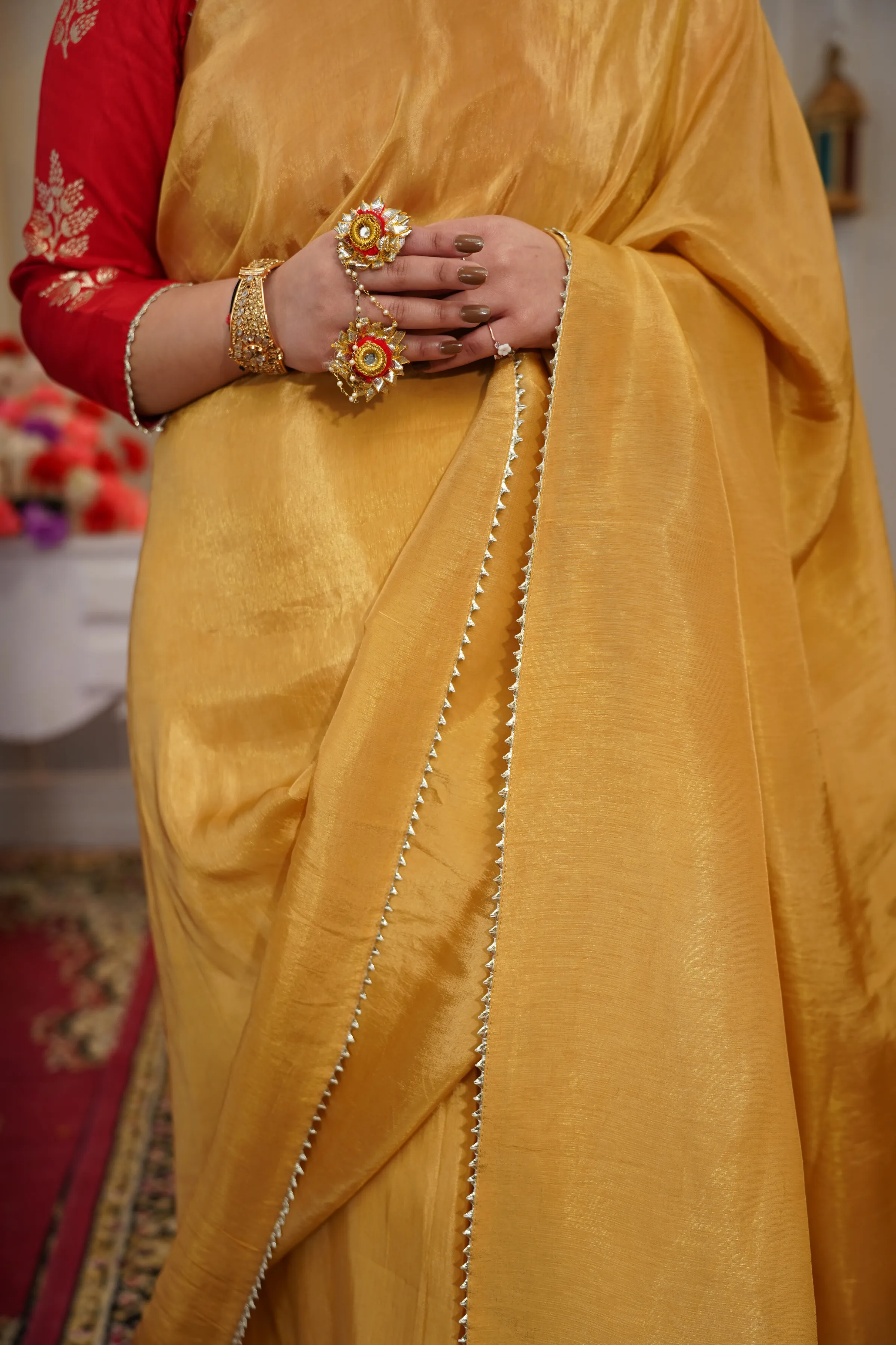 Molten Gold Pre-Draped Silk Saree with Blouse