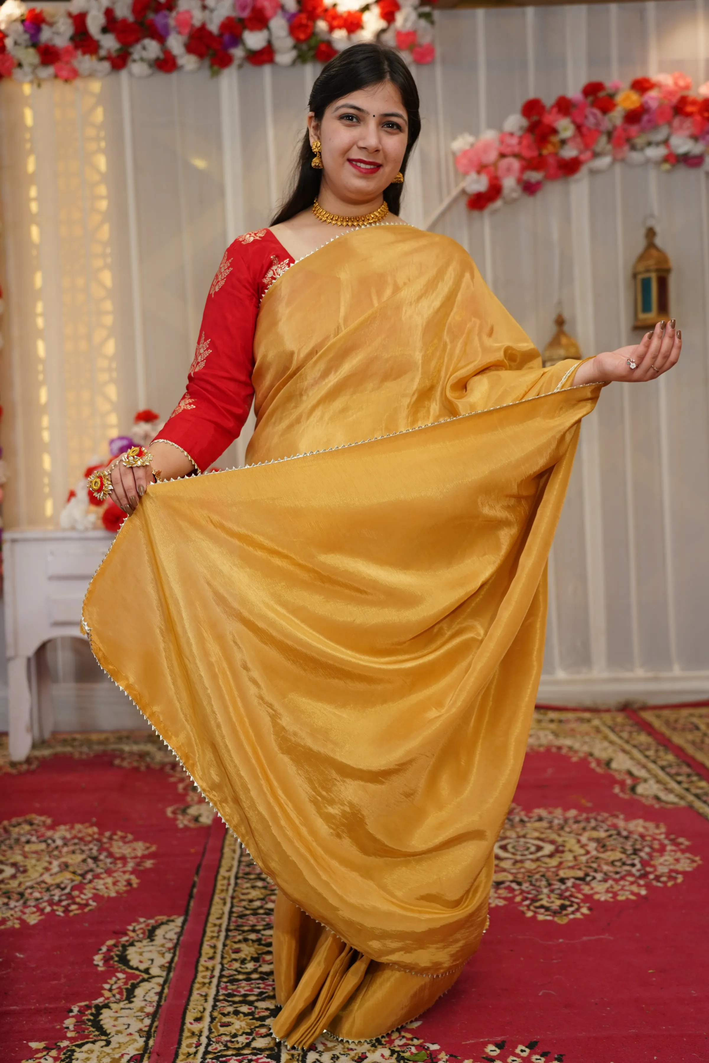 Molten Gold Pre-Draped Silk Saree with Blouse