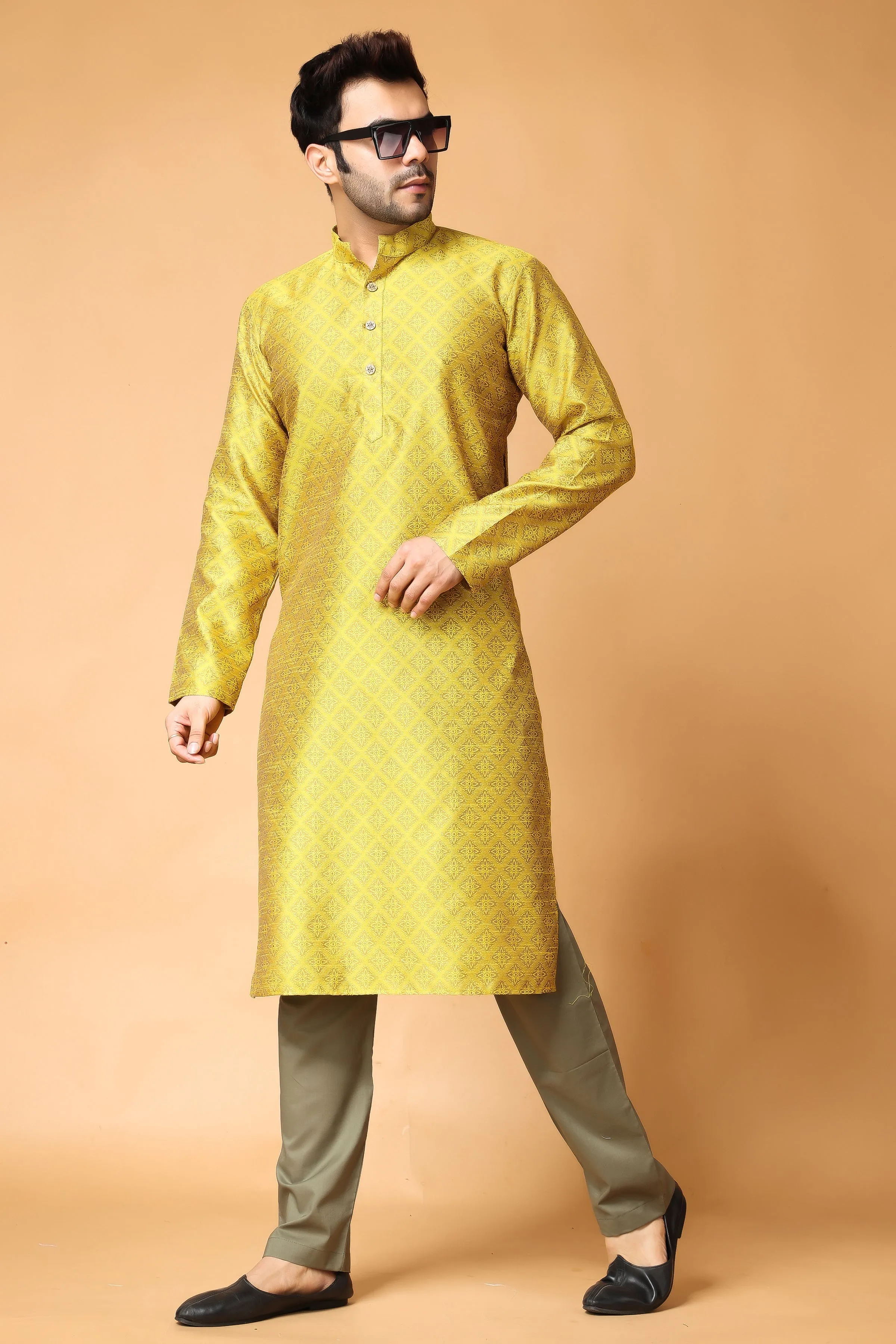 Mustard Gold Jacquard Kurta Pajama