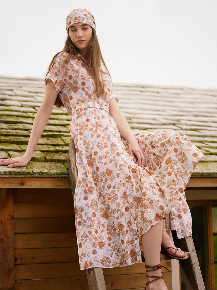 Rose Printed Women Midi Dress With Belt And Bottomed Dress