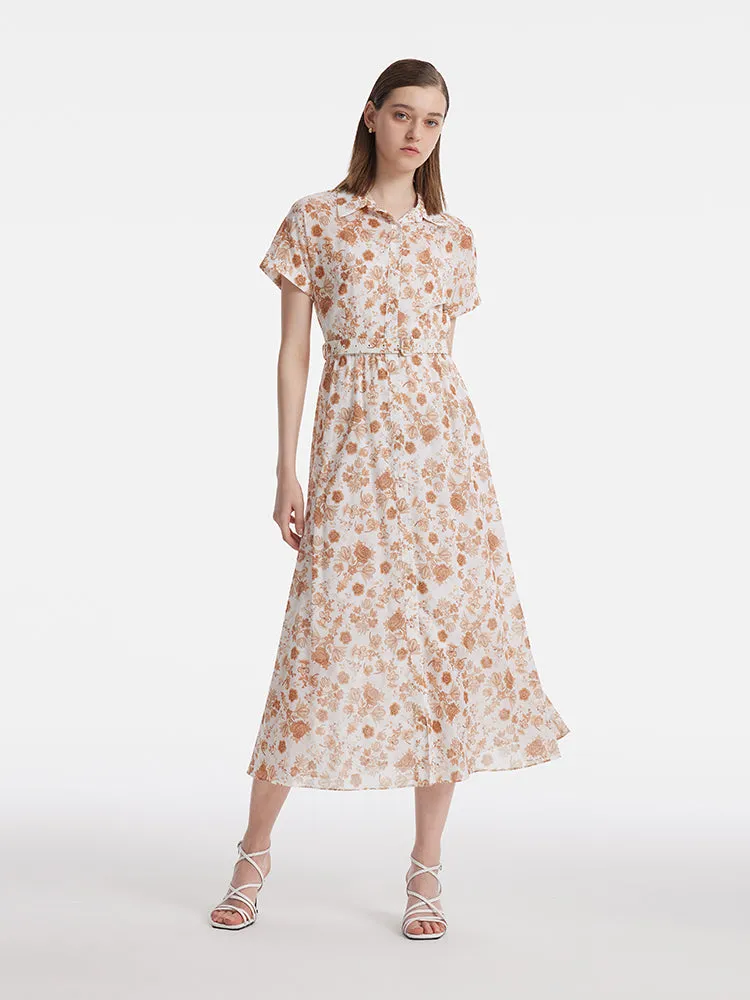 Rose Printed Women Midi Dress With Belt And Bottomed Dress