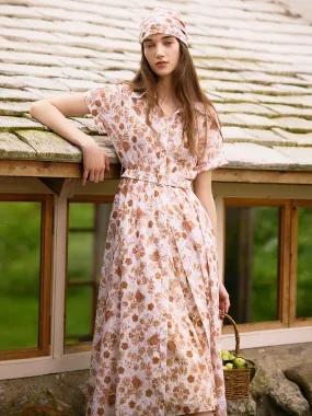 Rose Printed Women Midi Dress With Belt And Bottomed Dress