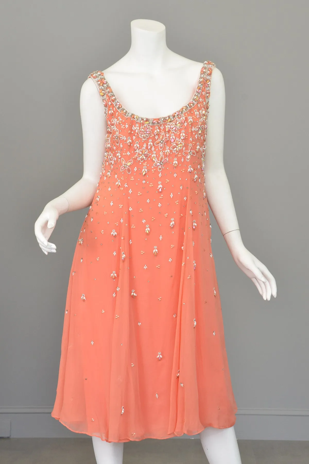 Vtg 1970s Coral Beaded Chiffon A-Line Trapeze Dress