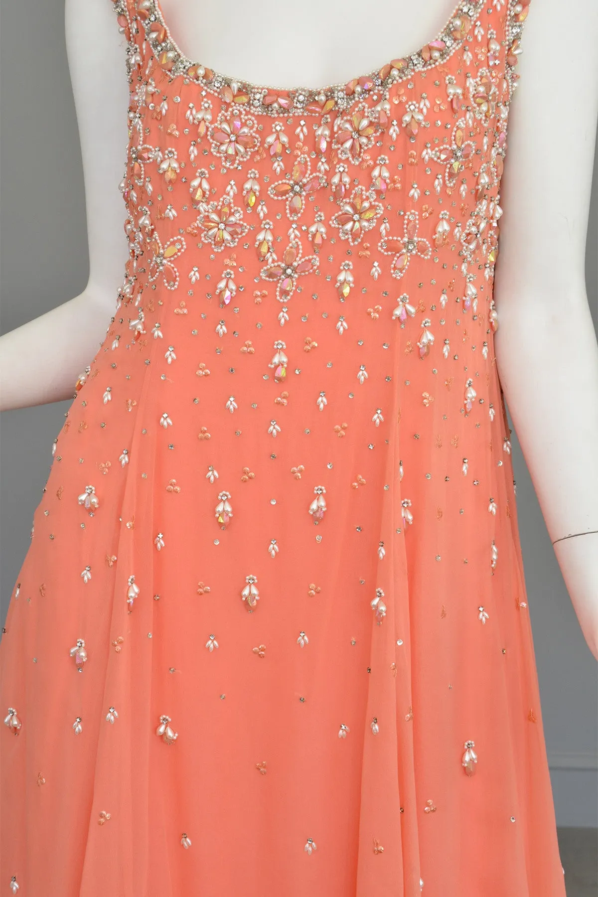 Vtg 1970s Coral Beaded Chiffon A-Line Trapeze Dress