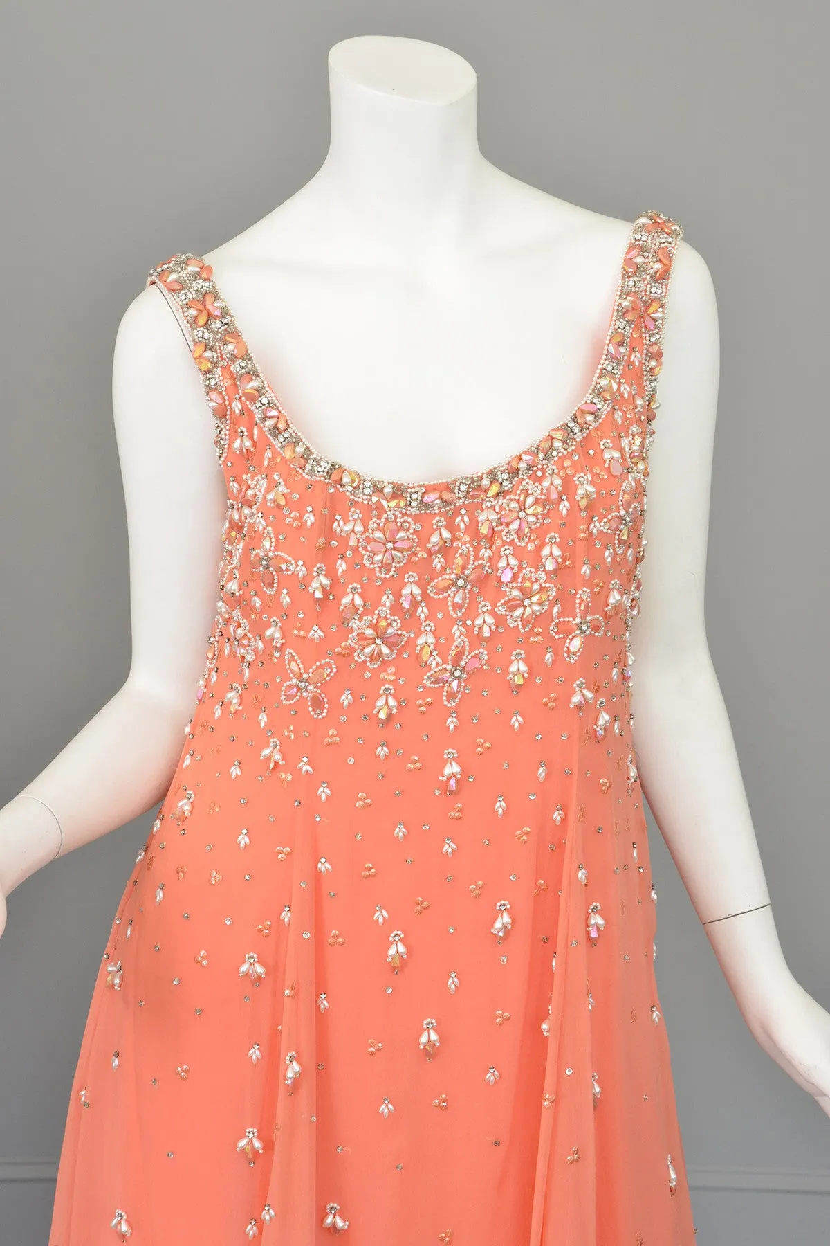 Vtg 1970s Coral Beaded Chiffon A-Line Trapeze Dress