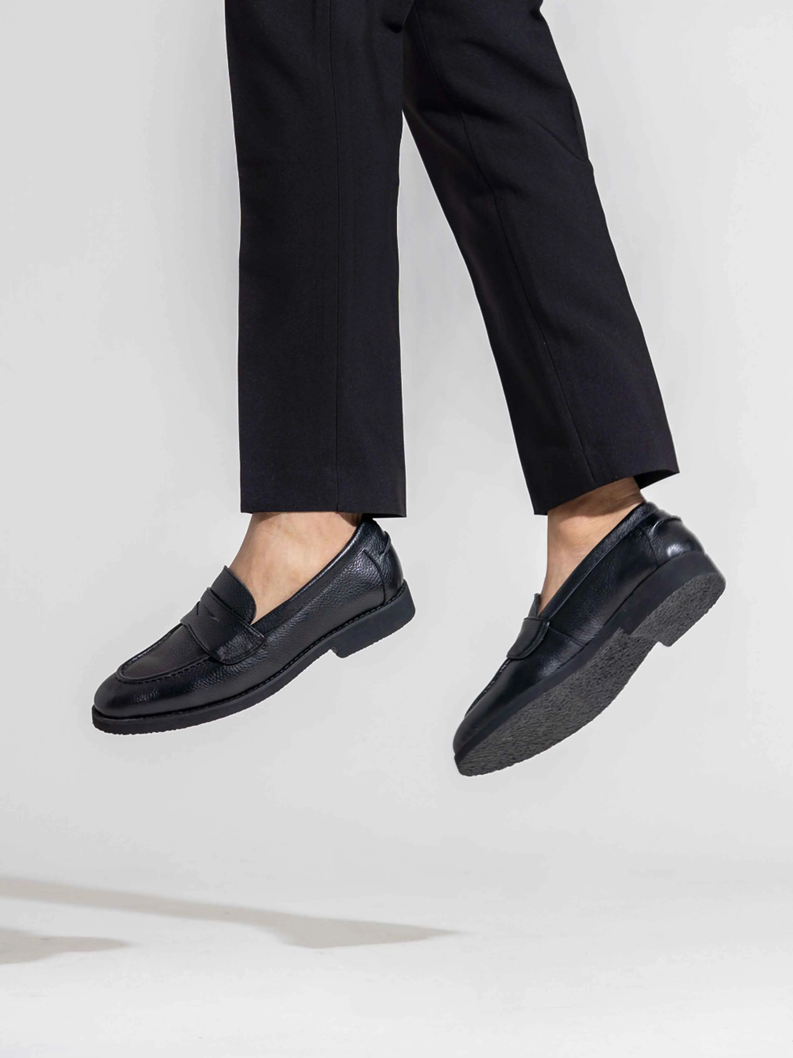 Wayne Penny Loafer - Black Pebble Grain Leather (Crepe Sole)