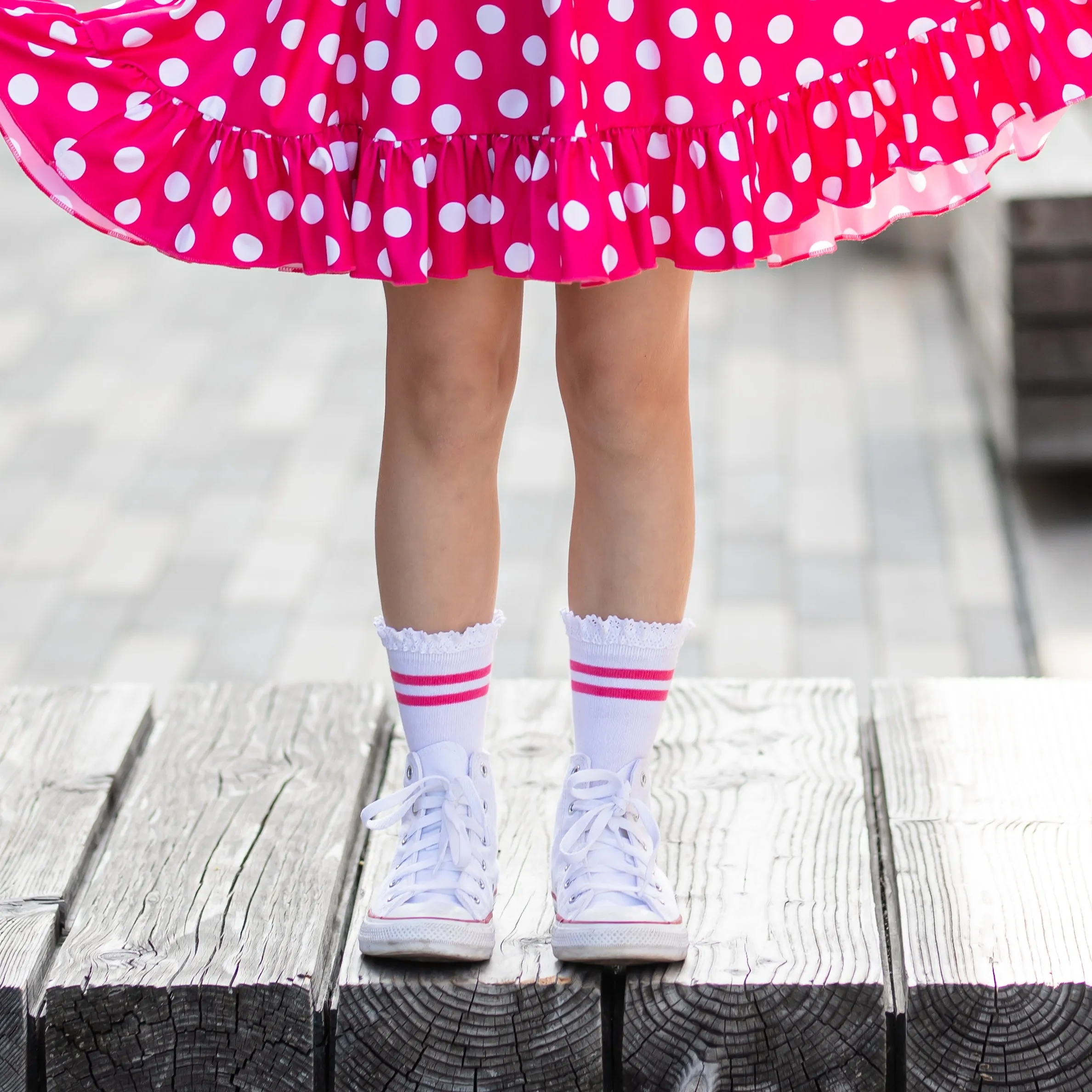 White/Hot Pink Striped Lace Midi Sock