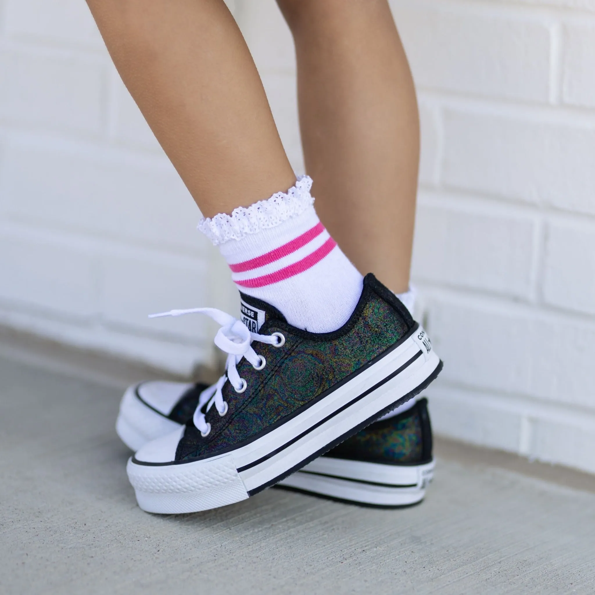 White/Hot Pink Striped Lace Midi Sock